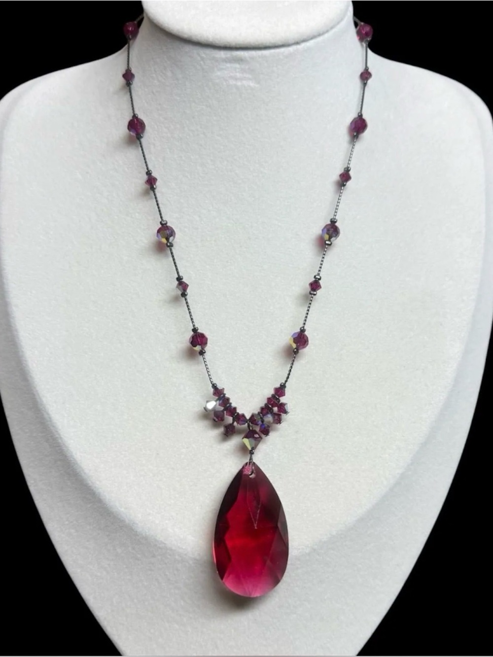 Dabby Reid Ruby Color Faceted Teardrop & AB on Gunmetal-Tone Signed Necklace